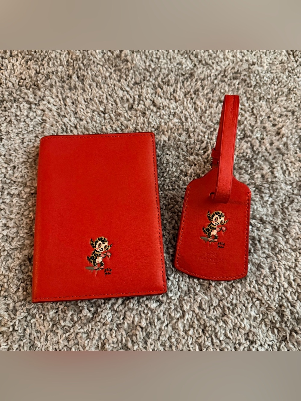 Coach Baseman Leather Passport Holder and Luggage Tag — Orange Red
